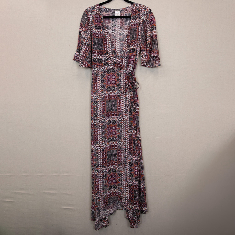 Earthbound boho square patch print maxi wrap dress-S